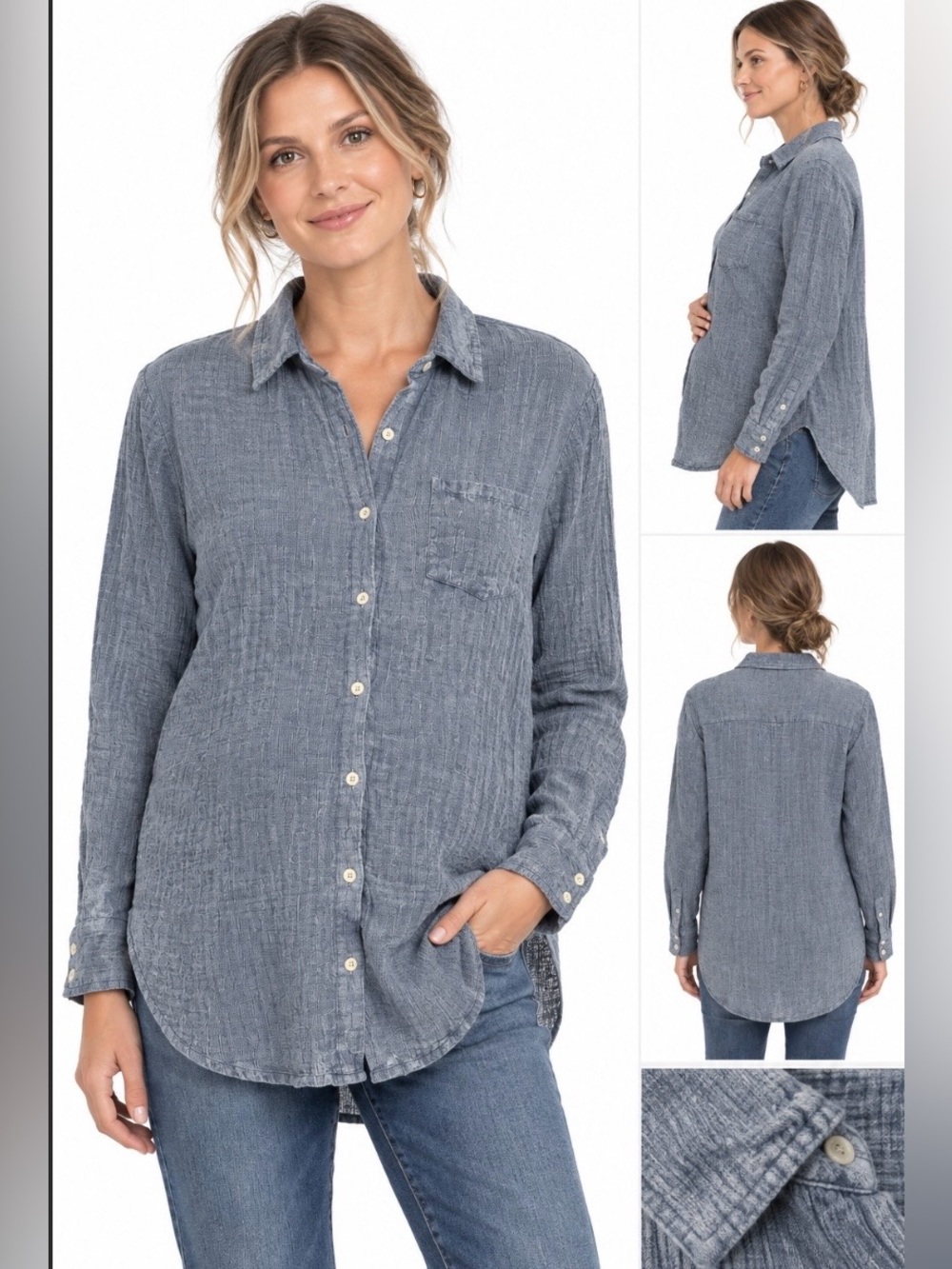 Hatch Maternity Crinkle Cotton Stretch Gauzy LS Blue Shirt Size 2/Medium